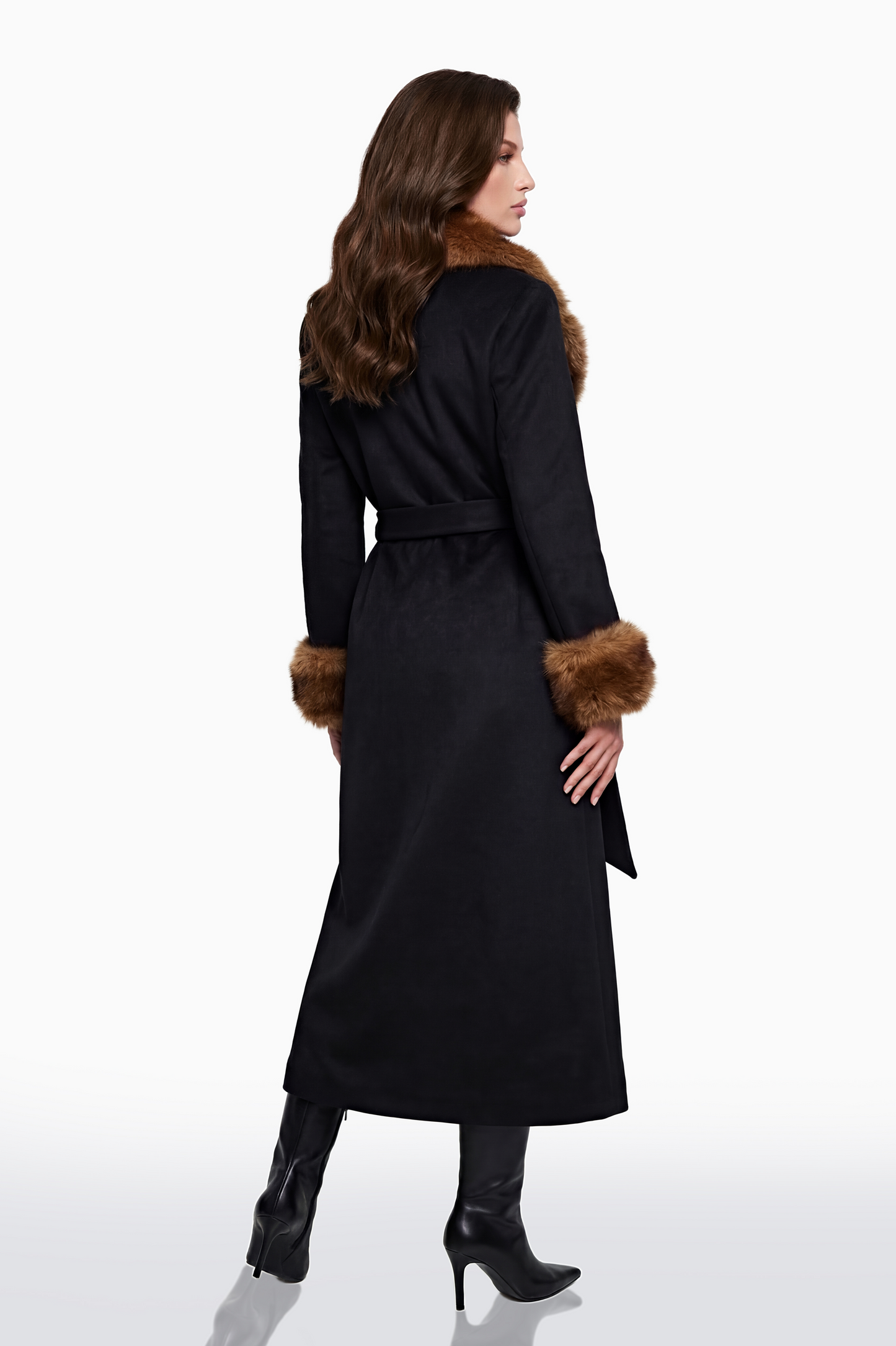 Pola Black Wool Blend Coat with Faux Fur Lapel
