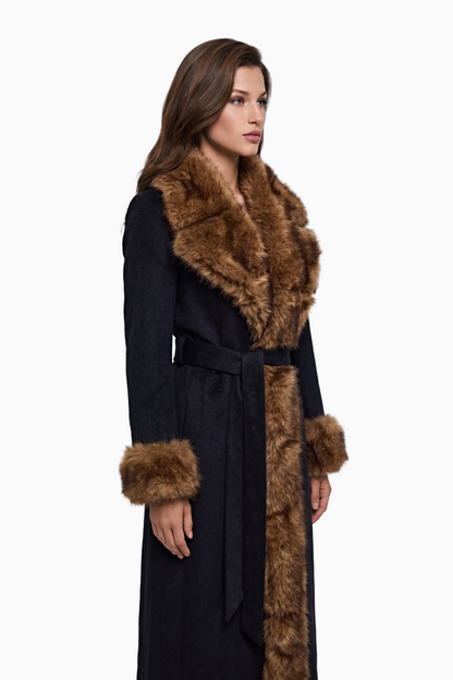 Pola Black Wool Blend Coat with Faux Fur Lapel