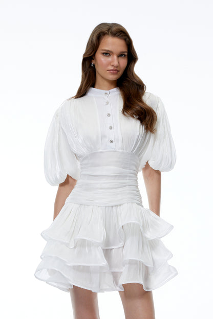 Emersyn White High-Neck Ruffled Detail Mini Dress