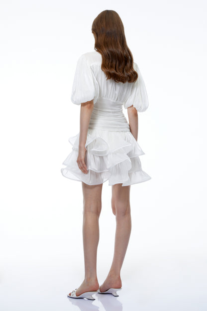 Emersyn White High-Neck Ruffled Detail Mini Dress