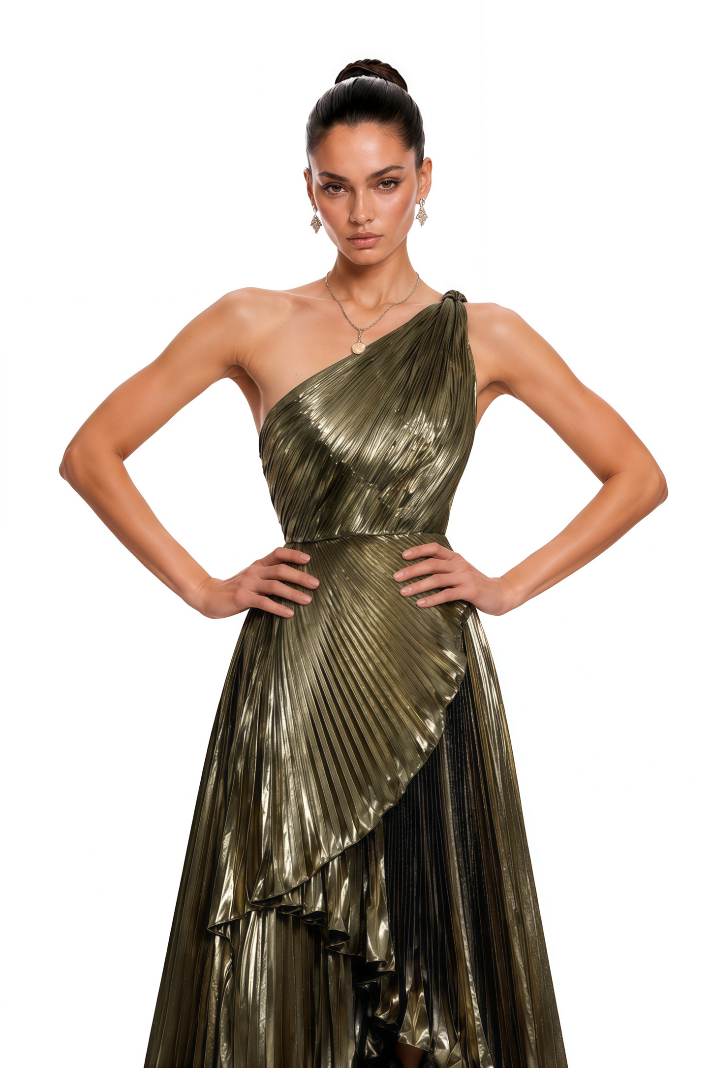 Pomeline Green Metallic One Shoulder High-Low Maxi Dress