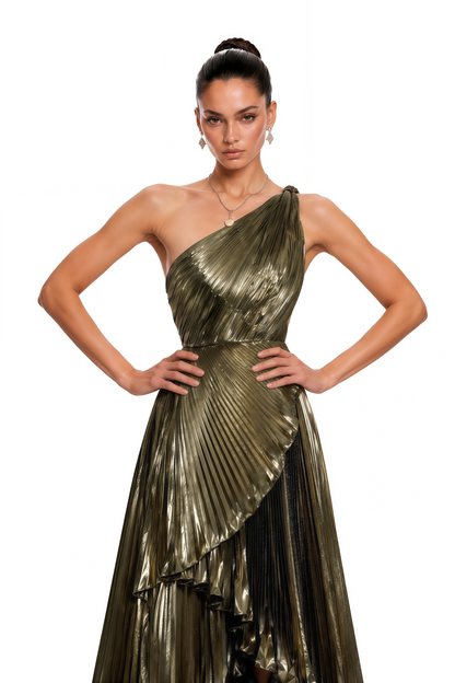 Pomeline Green Metallic One Shoulder High-Low Maxi Dress