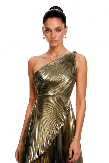 Pomeline Green Metallic One Shoulder High-Low Maxi Dress