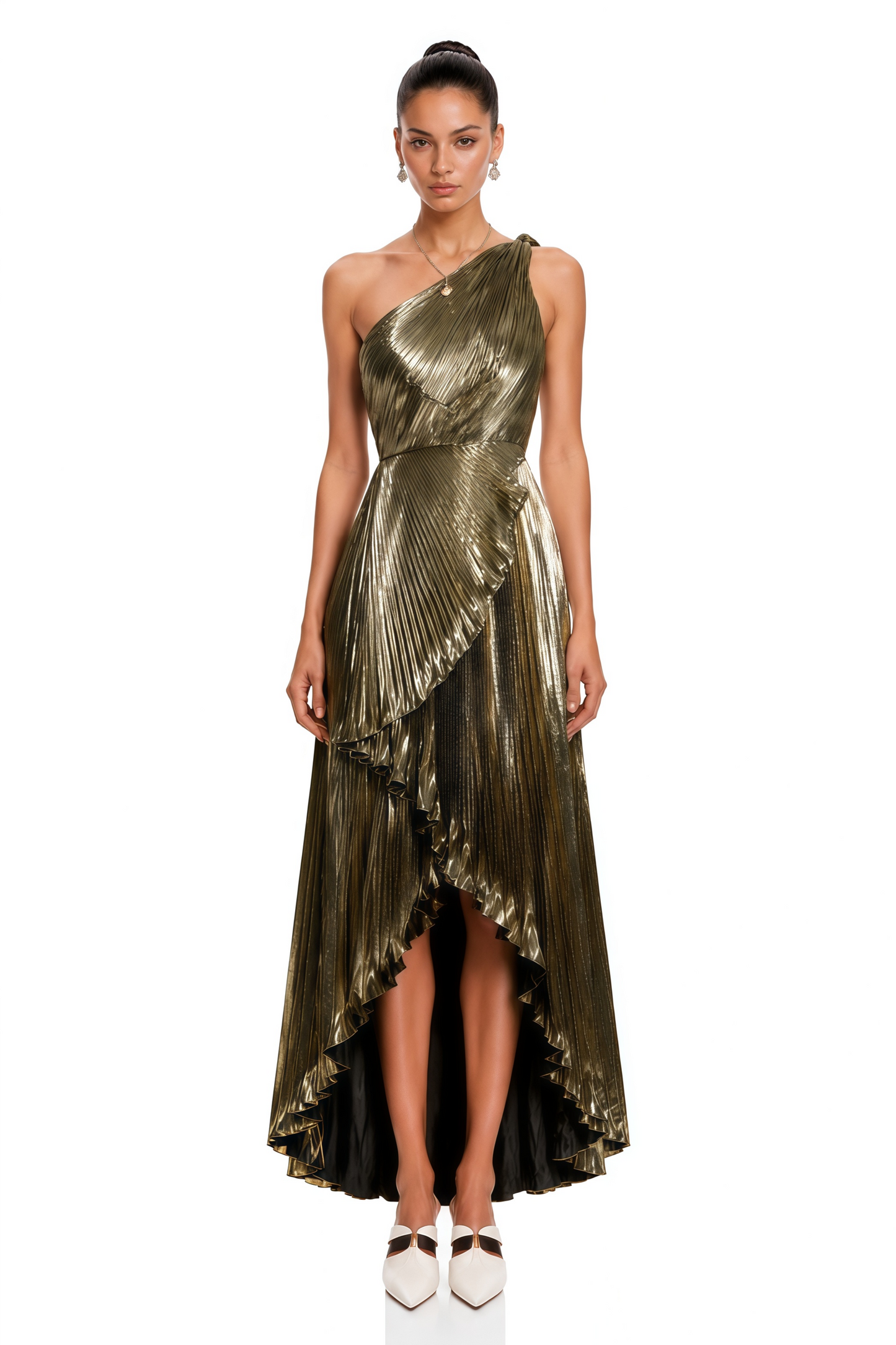 Pomeline Green Metallic One Shoulder High-Low Maxi Dress