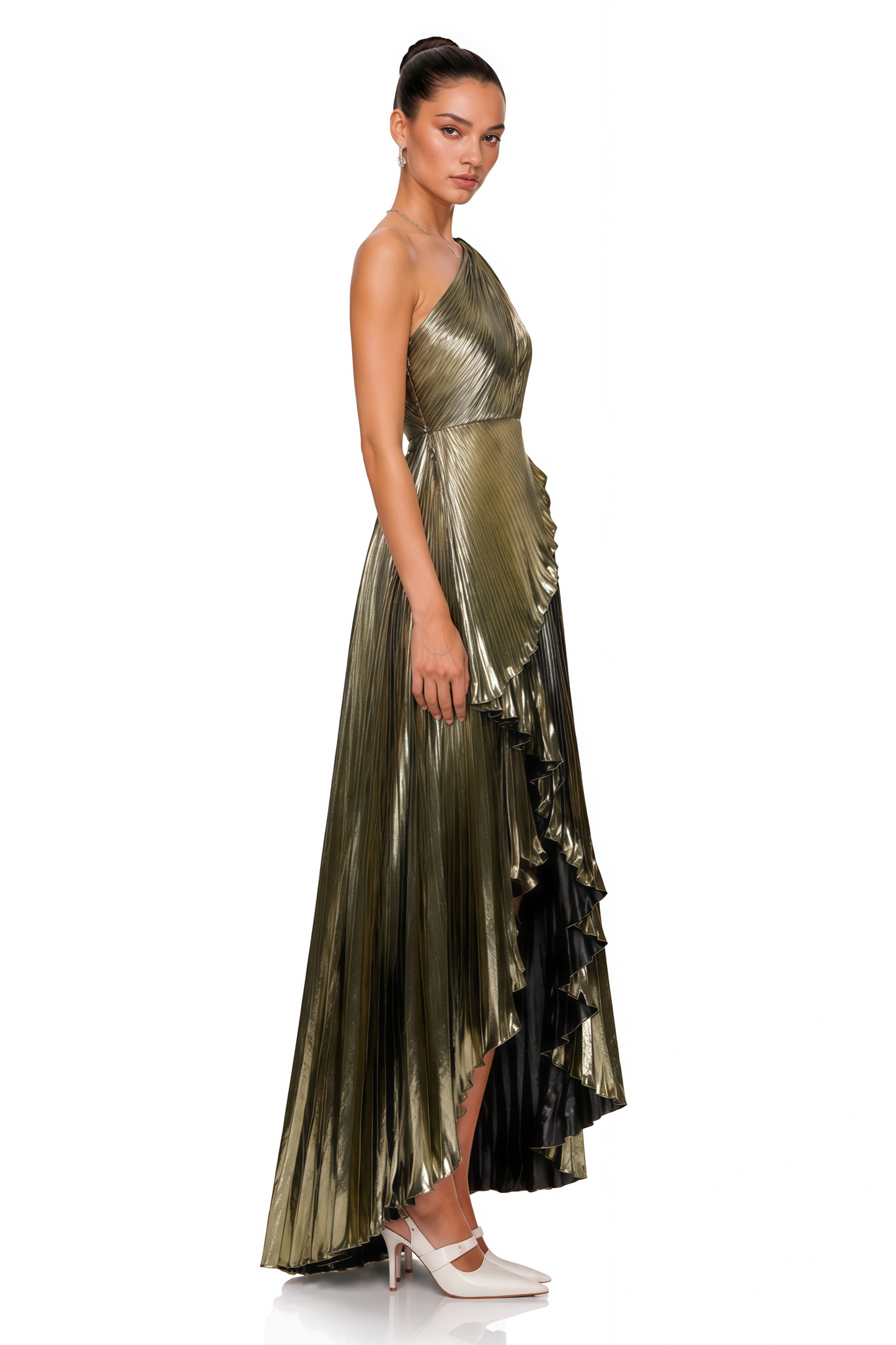 Pomeline Green Metallic One Shoulder High-Low Maxi Dress