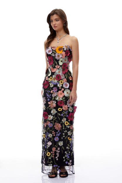 Poppy Black Strapless Maxi Dress with 3D Florals