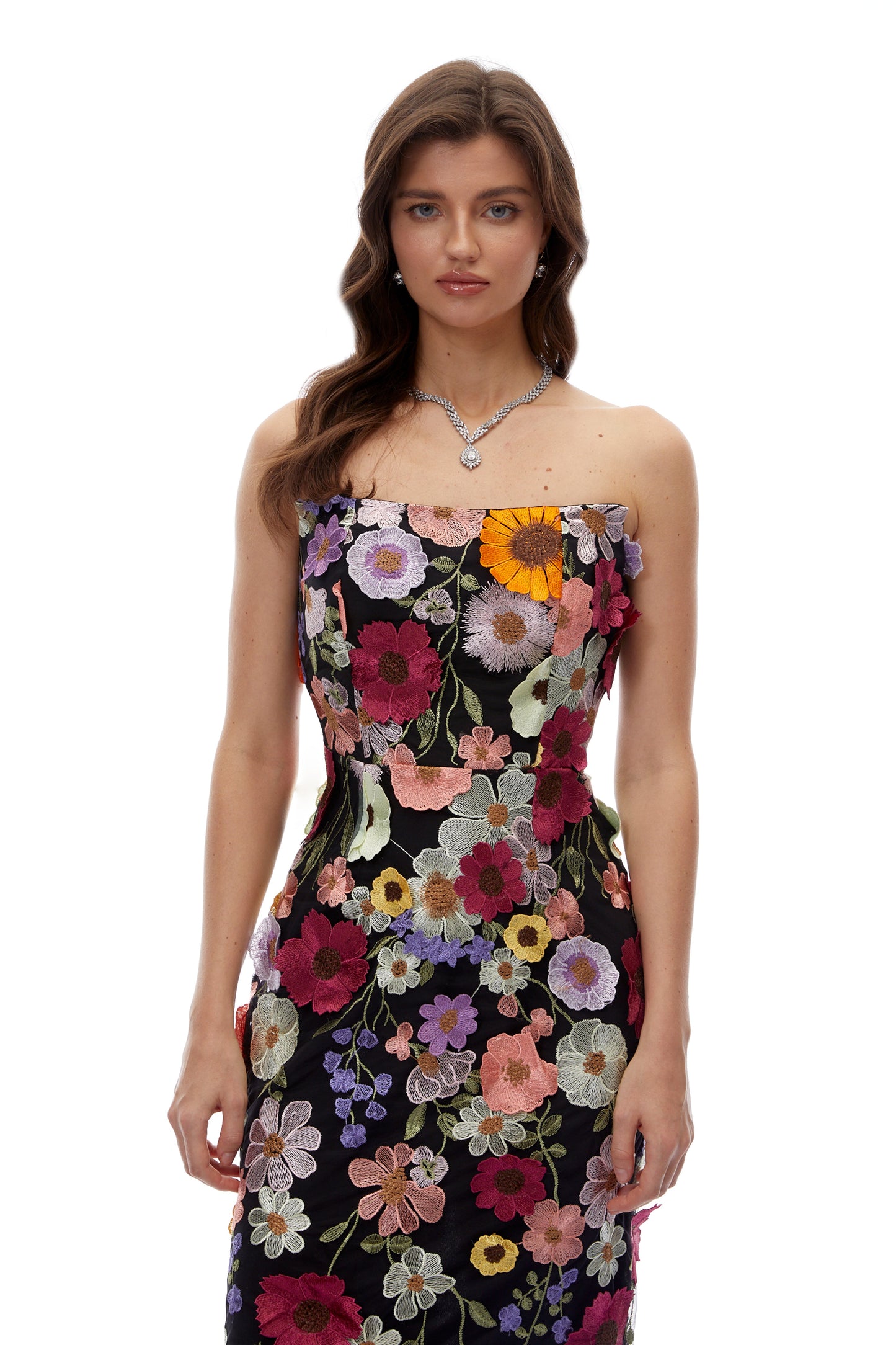 Poppy Black Strapless Maxi Dress with 3D Florals
