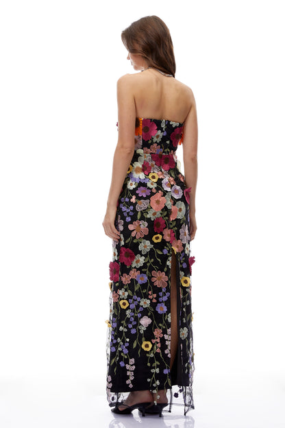 Poppy Black Strapless Maxi Dress with 3D Florals