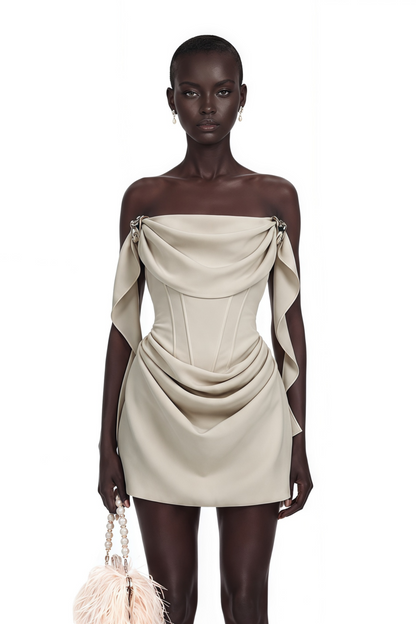 Prune Ivory Ruched Mini Dress with Metal Hardware