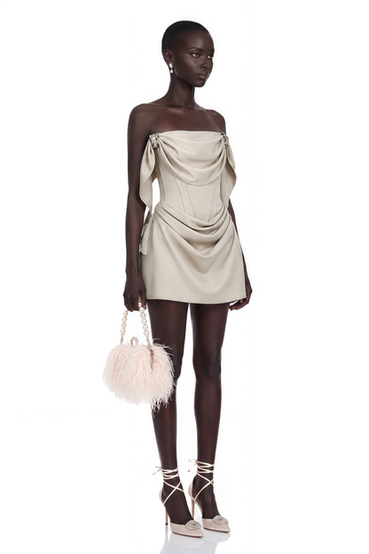 Prune Ivory Ruched Mini Dress with Metal Hardware
