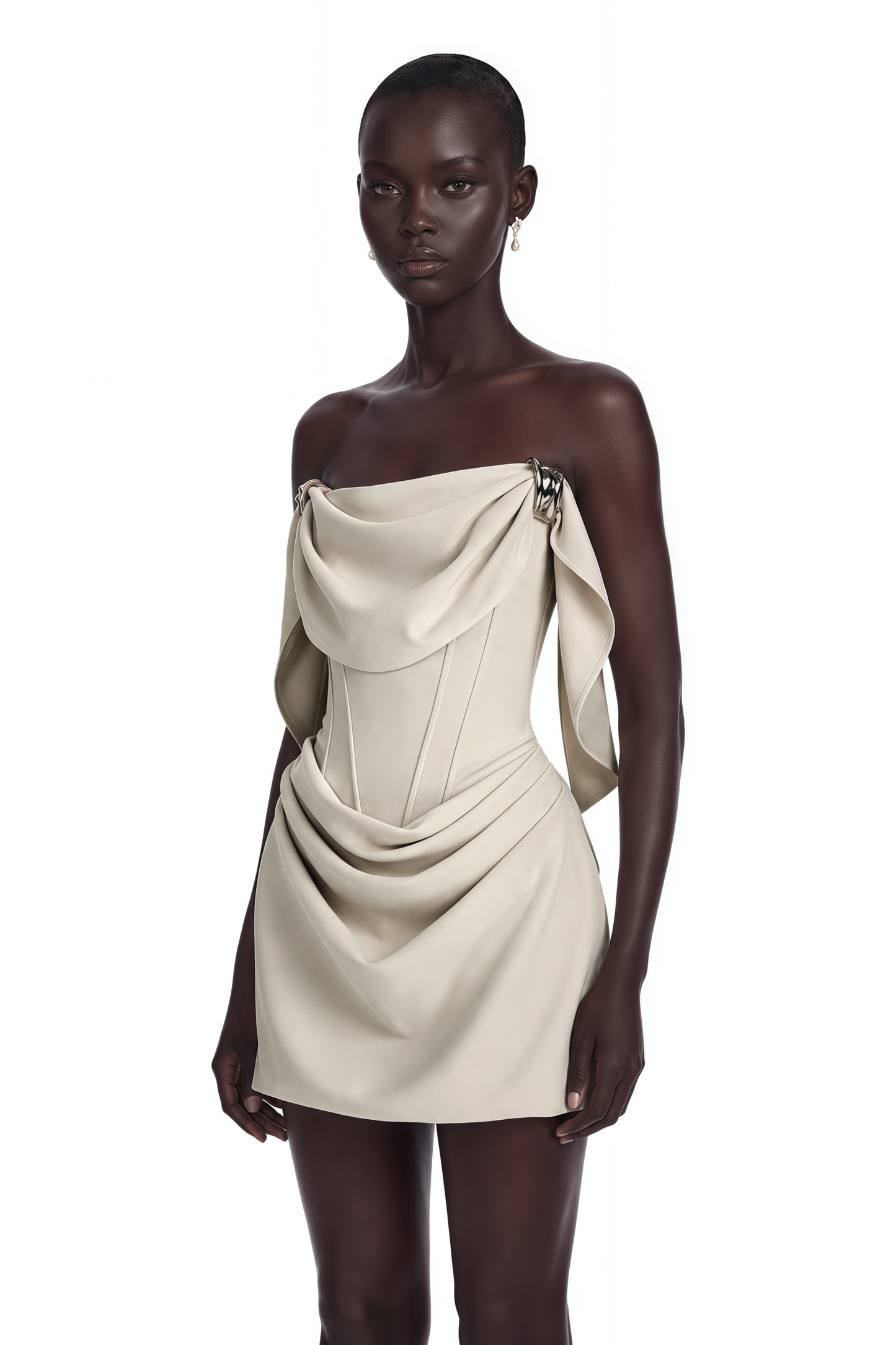 Prune Ivory Ruched Mini Dress with Metal Hardware
