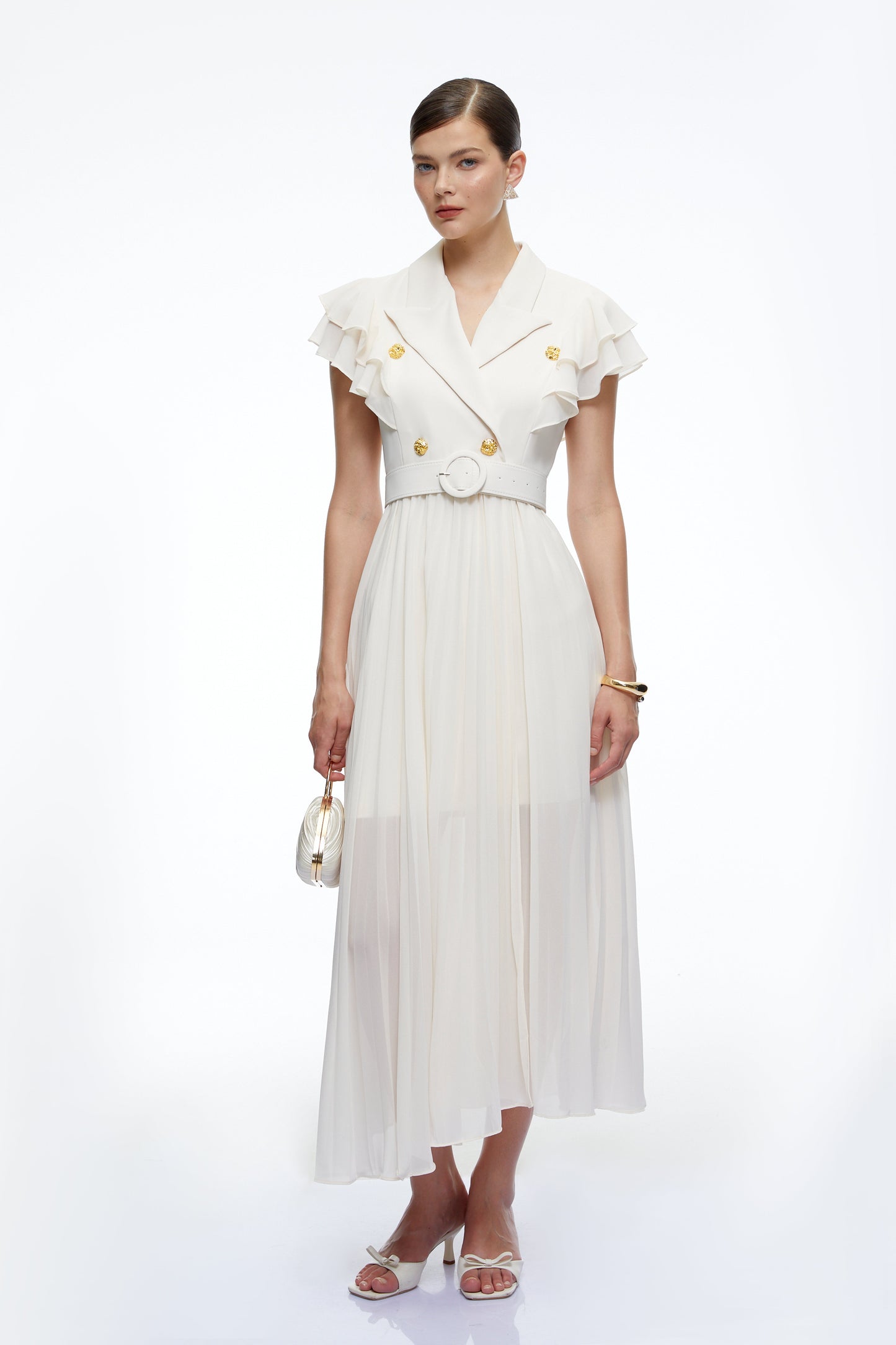 Prunelle Neutral Ruffled Pleated Maxi Dress