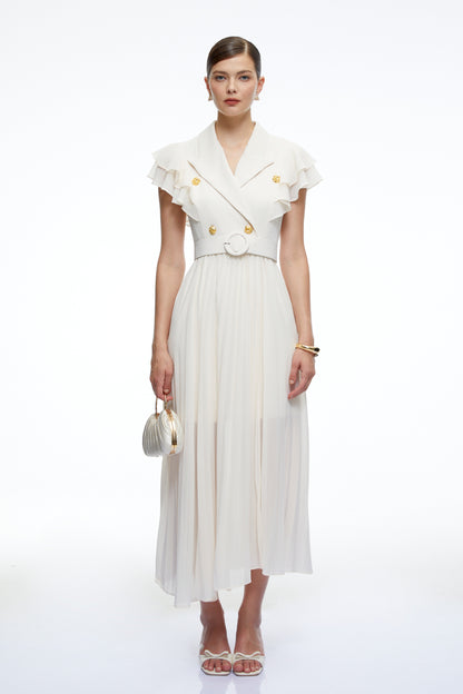 Prunelle Neutral Ruffled Pleated Maxi Dress