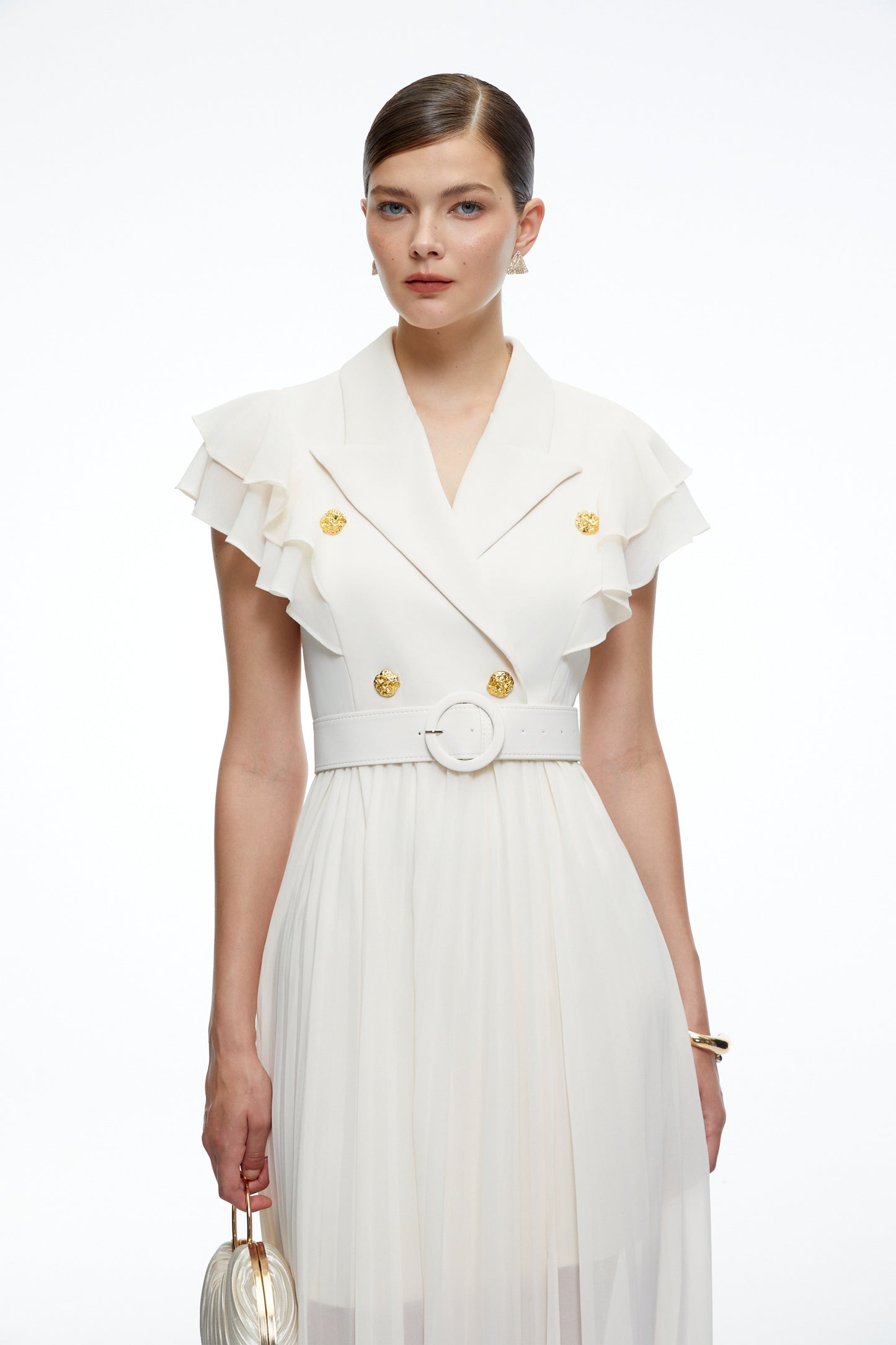 Prunelle Neutral Ruffled Pleated Maxi Dress