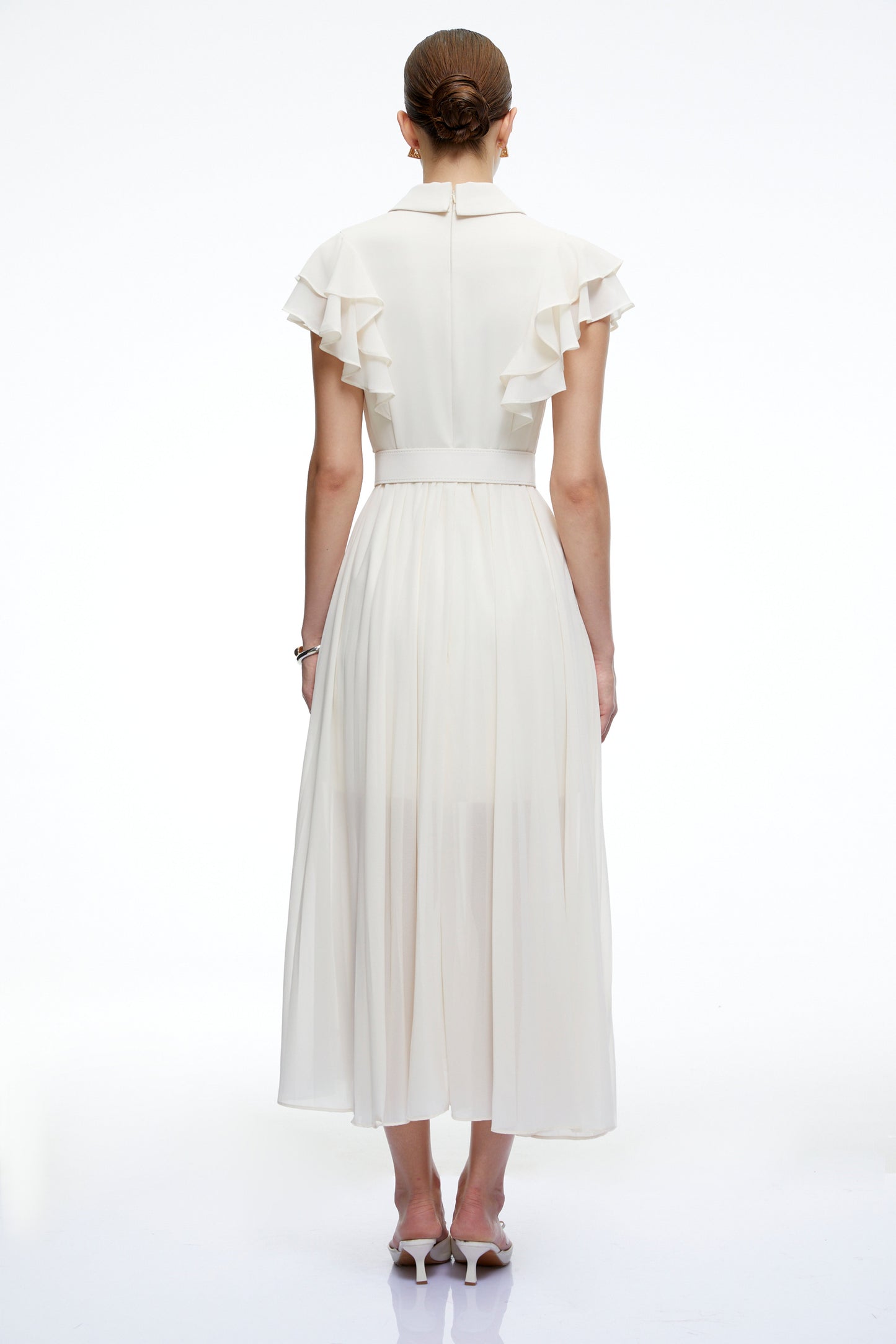 Prunelle Neutral Ruffled Pleated Maxi Dress