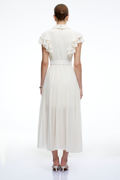 Prunelle Neutral Ruffled Pleated Maxi Dress