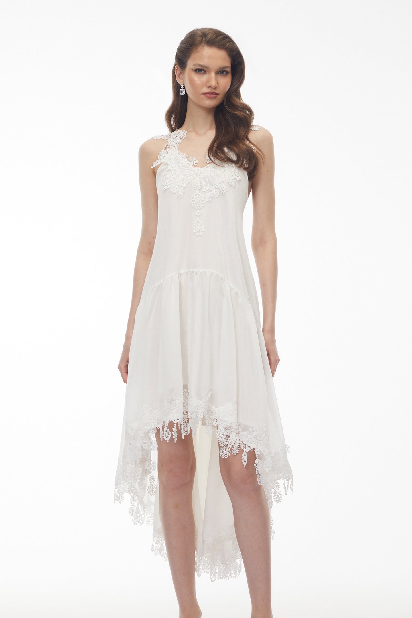 Qadesh White Floral Lace Sleeveless Midi Dress