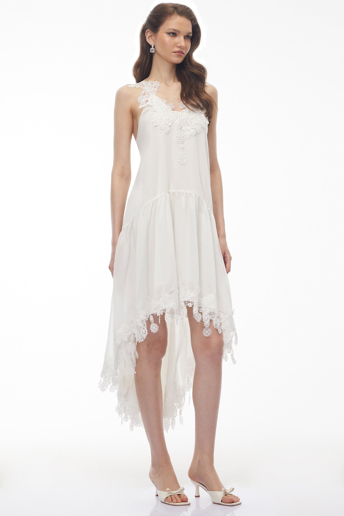 Qadesh White Floral Lace Sleeveless Midi Dress
