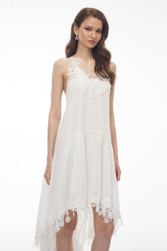 Qadesh White Floral Lace Sleeveless Midi Dress