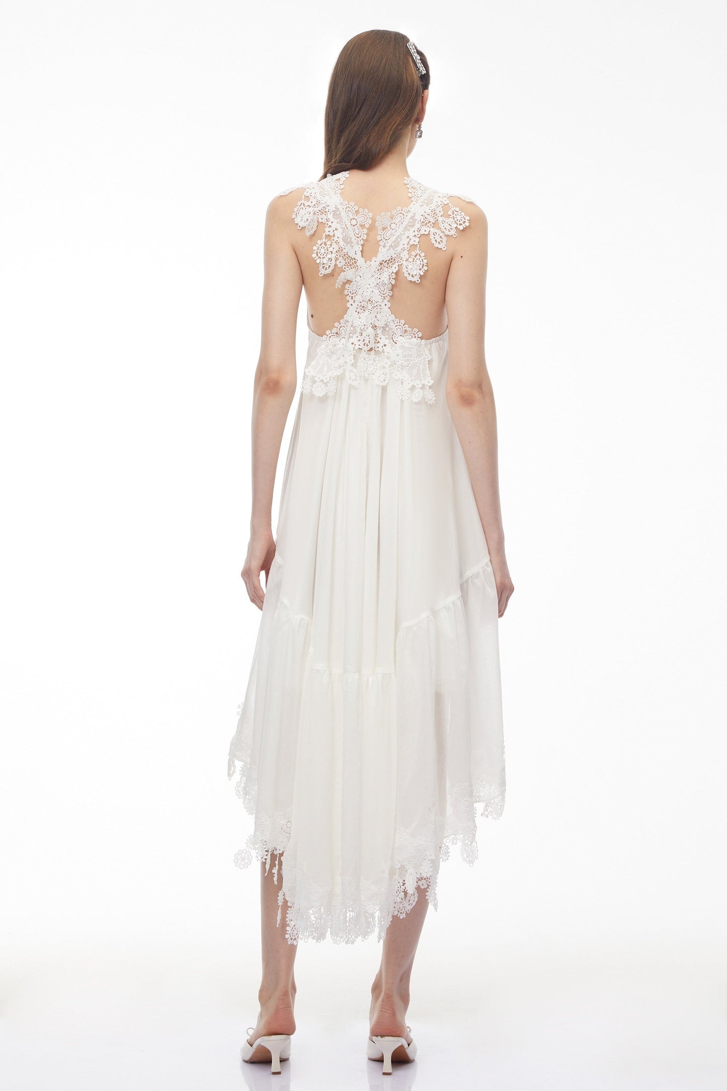 Qadesh White Floral Lace Sleeveless Midi Dress