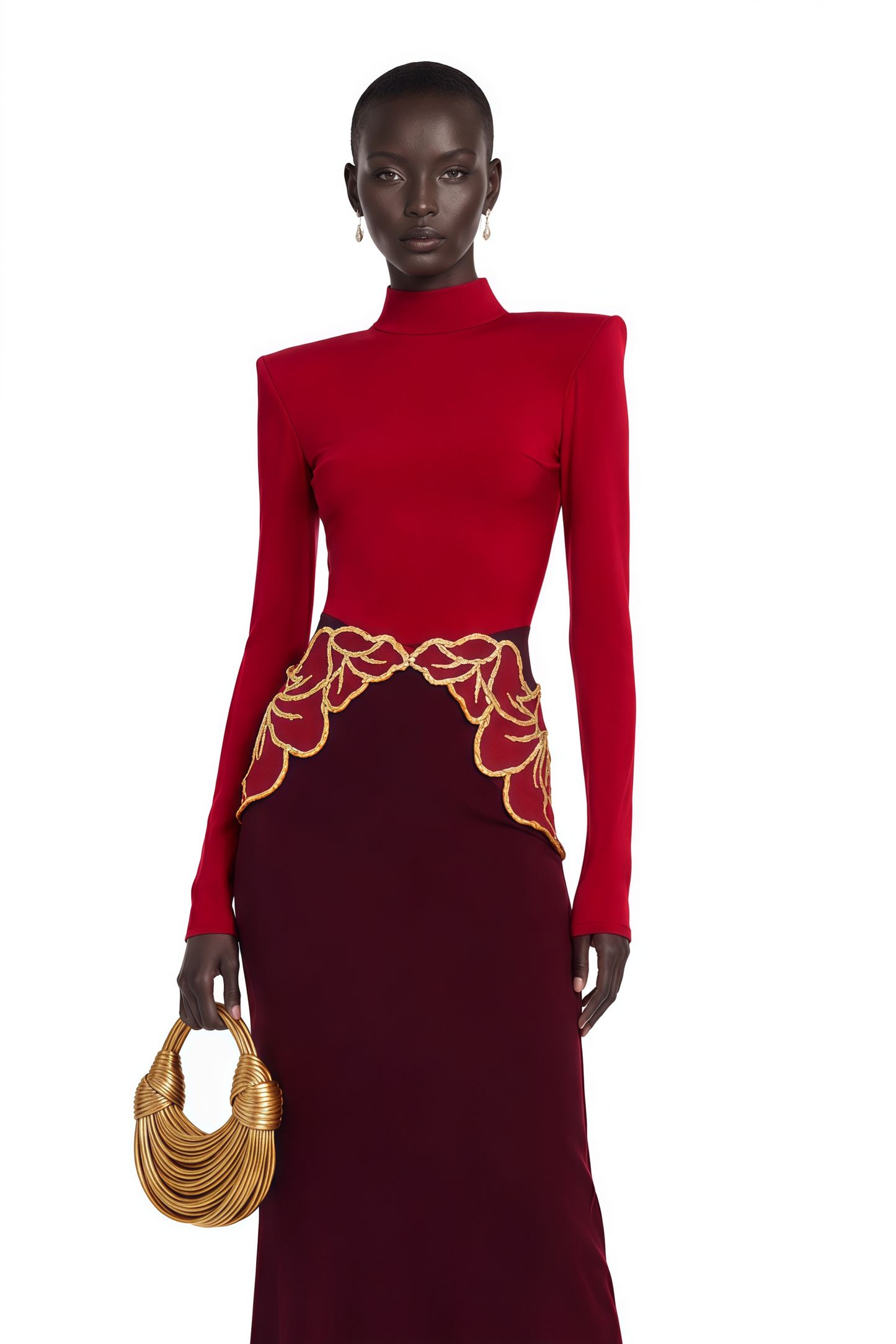 Quenilda Red High Neck Embroidered Maxi Dress