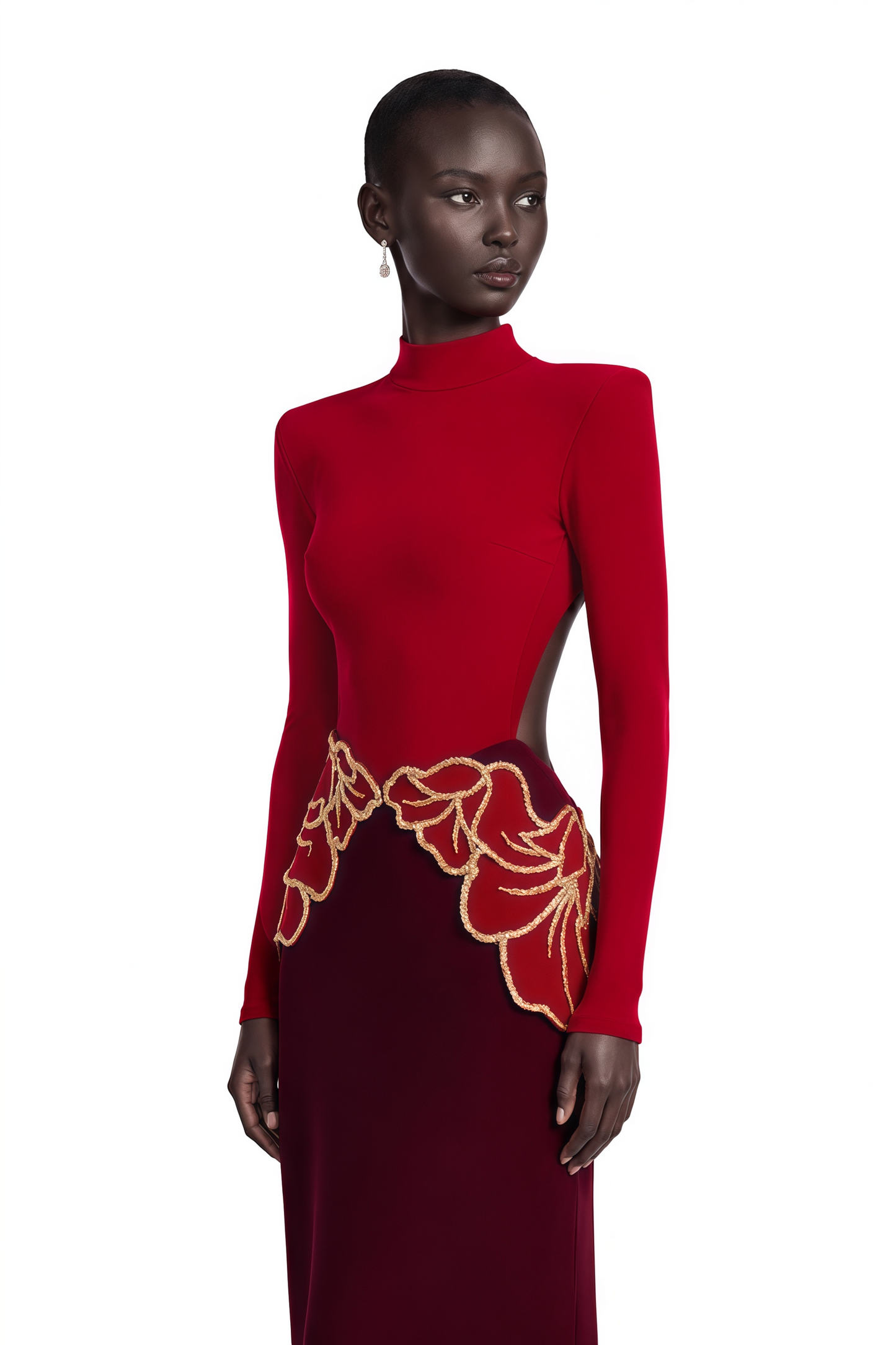 Quenilda Red High Neck Embroidered Maxi Dress