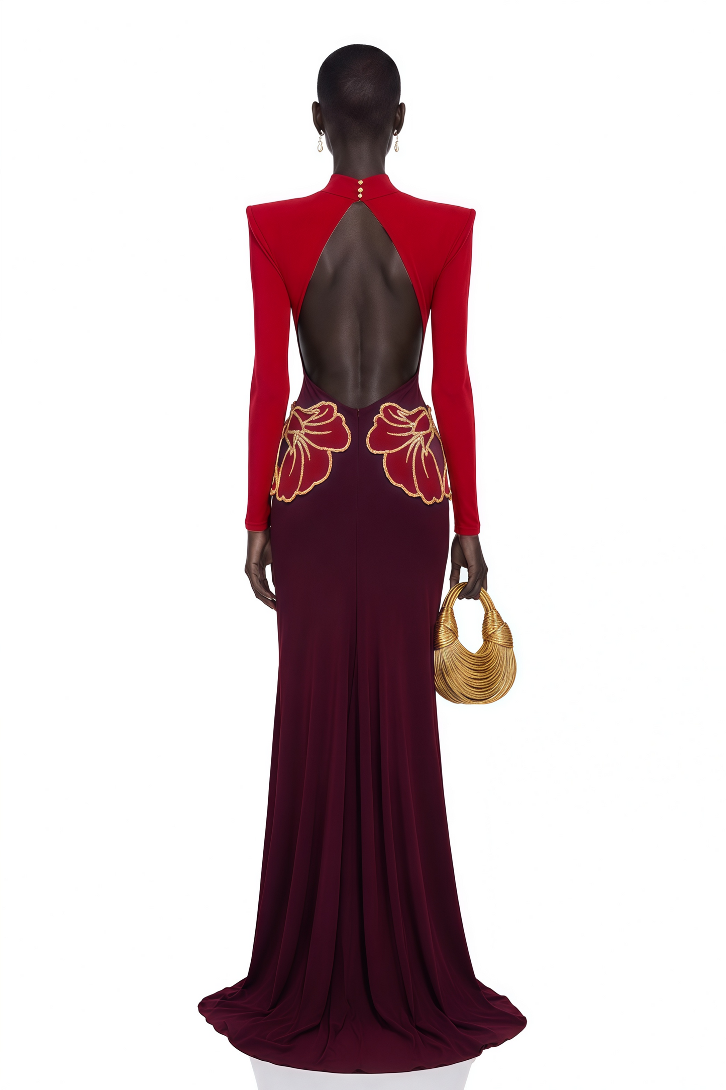 Quenilda Red High Neck Embroidered Maxi Dress