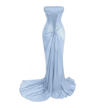 Querubina Blue Asymmetrical Ruched Maxi Dress