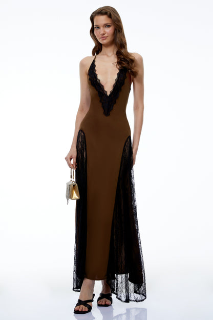 Querubina Olive Backless Lace Trim Satin Maxi Dress