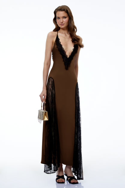 Querubina Olive Backless Lace Trim Satin Maxi Dress