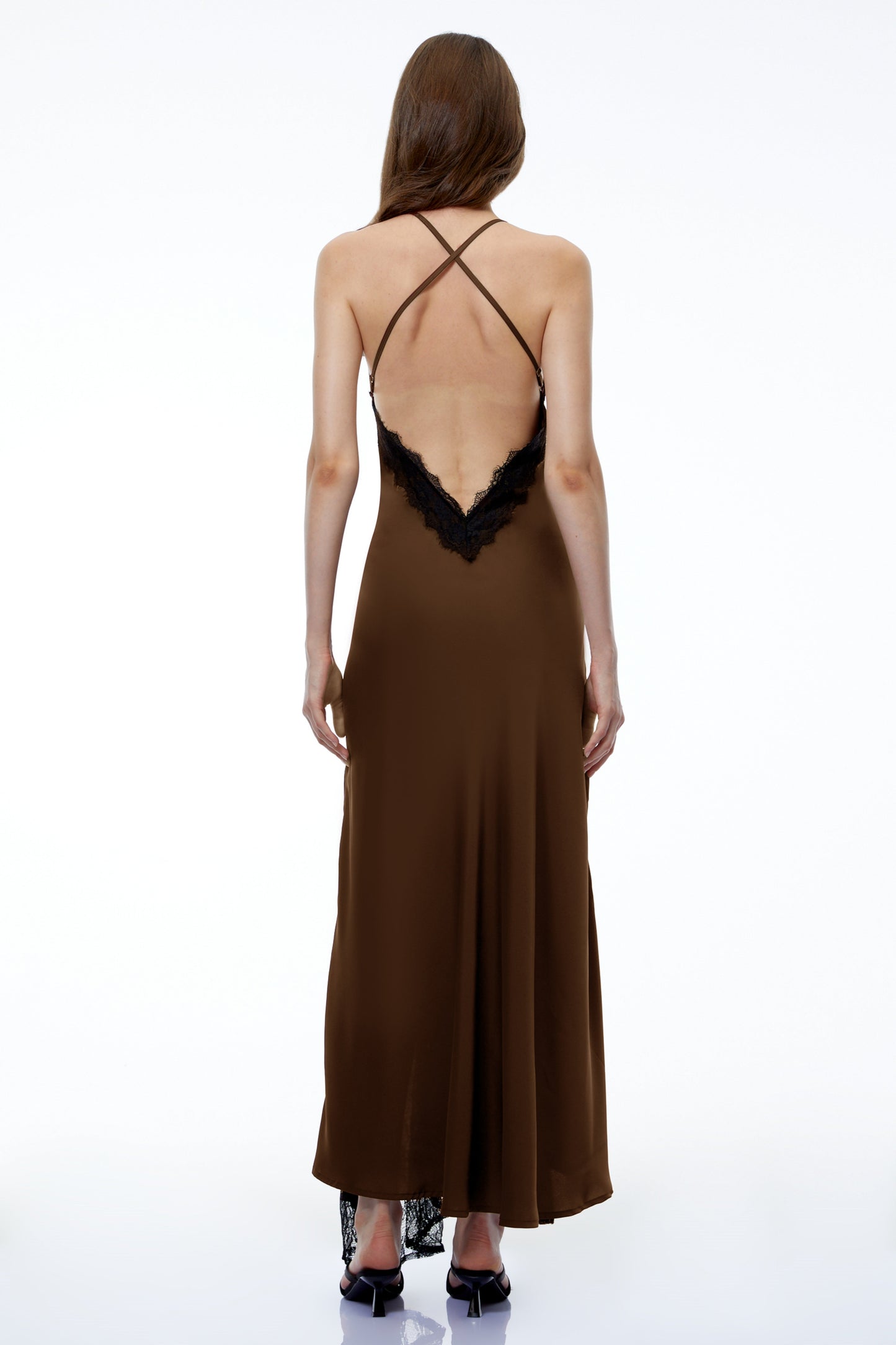 Querubina Olive Backless Lace Trim Satin Maxi Dress