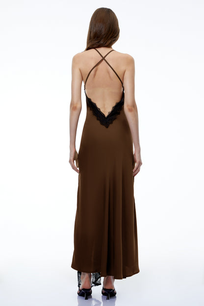 Querubina Olive Backless Lace Trim Satin Maxi Dress