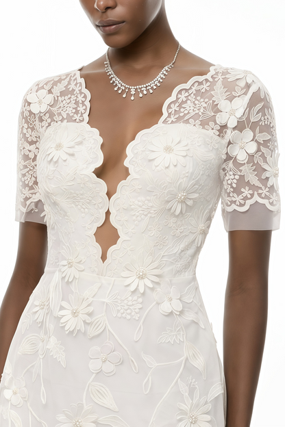Quetz White Midi Dress with 3D Petals