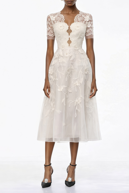 Quetz White Midi Dress with 3D Petals