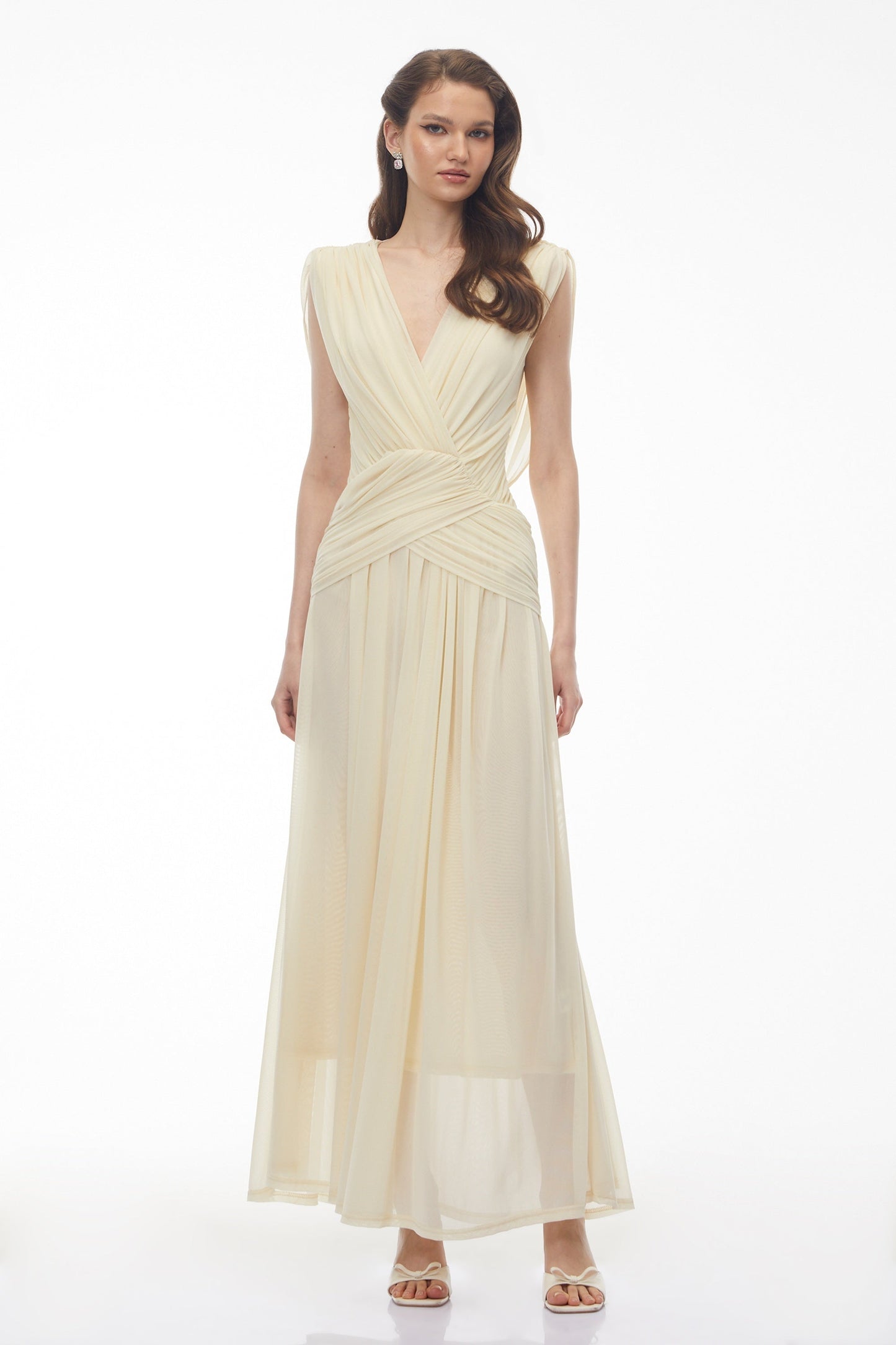Quiana Butter Yellow V-Neck Cross Front Ruched Maxi Dress