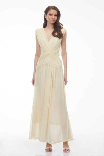 Quiana Butter Yellow V-Neck Cross Front Ruched Maxi Dress