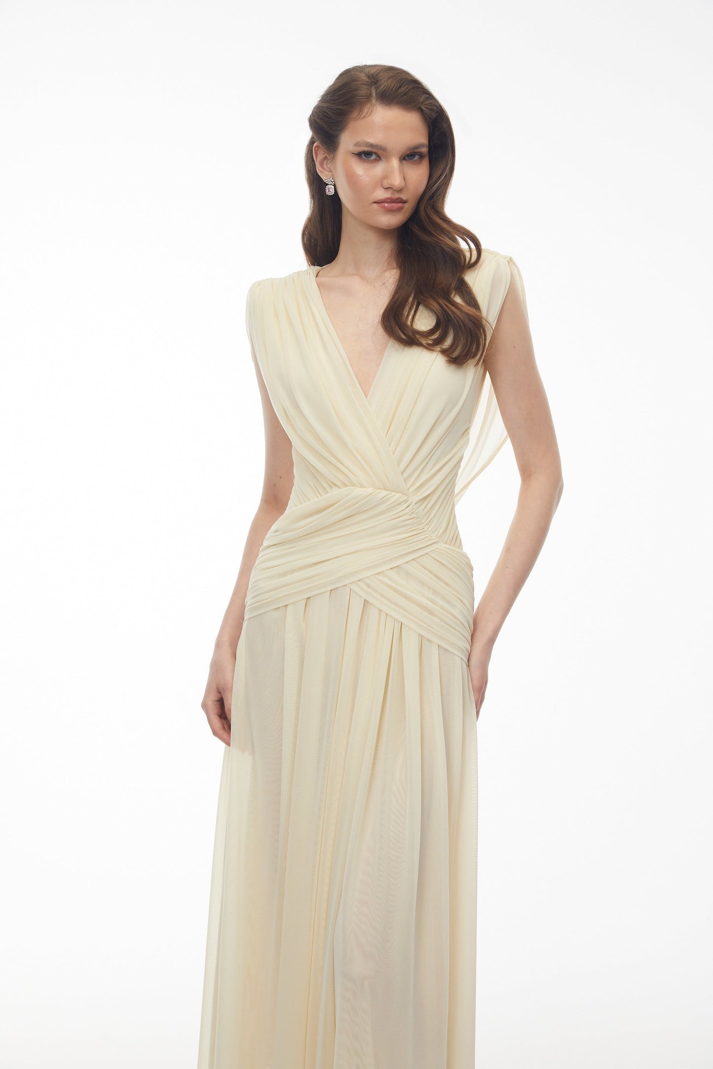Quiana Butter Yellow V-Neck Cross Front Ruched Maxi Dress