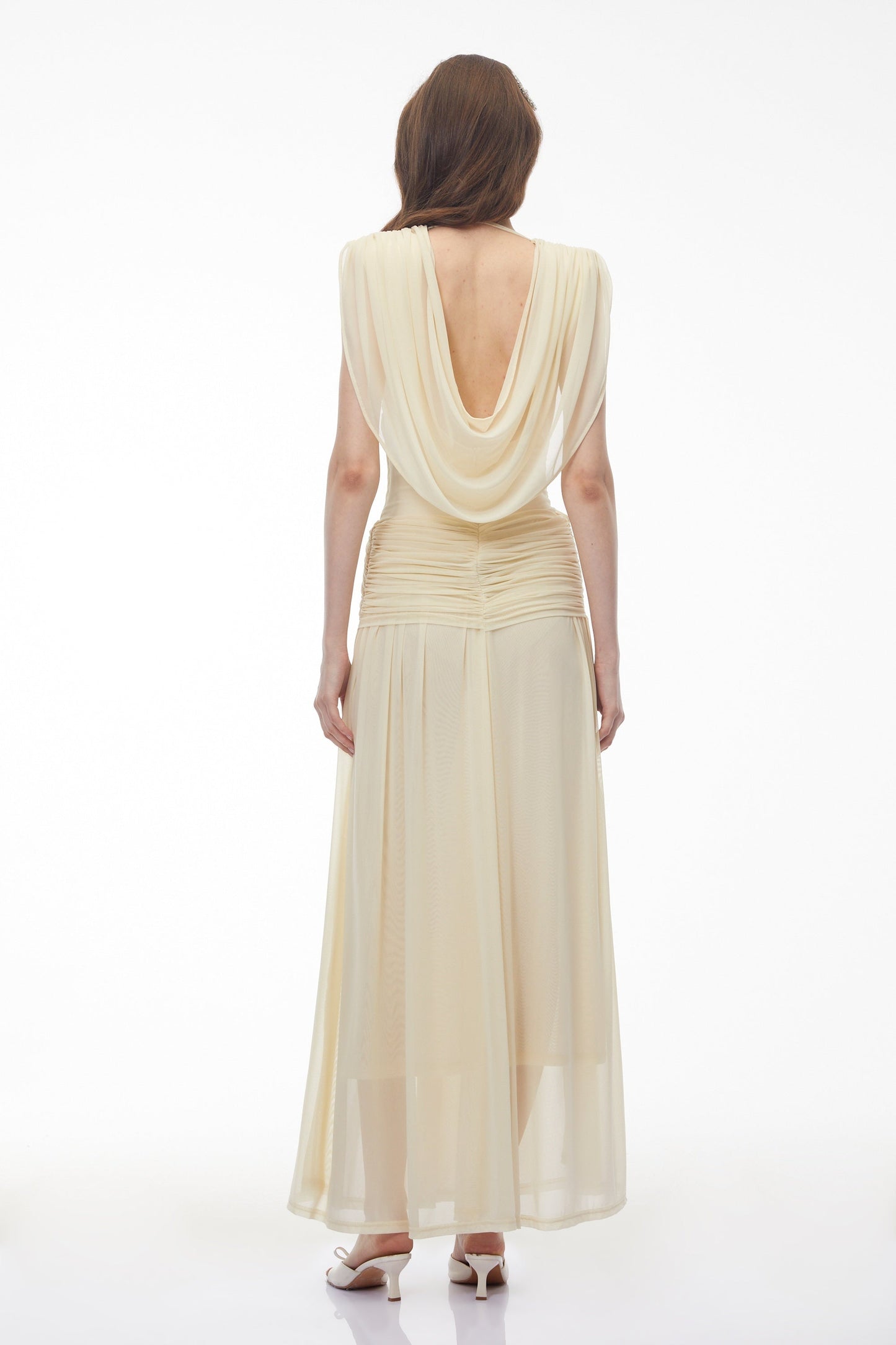 Quiana Butter Yellow V-Neck Cross Front Ruched Maxi Dress
