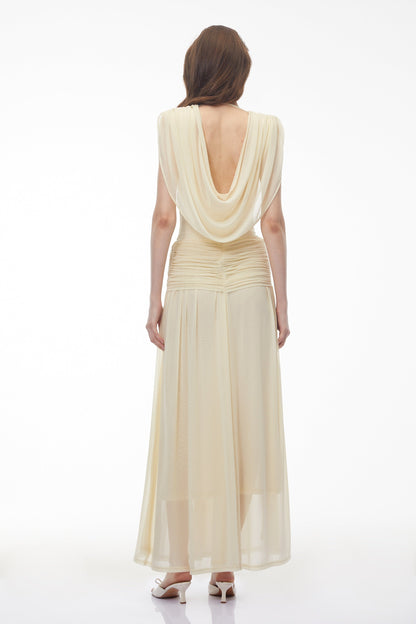 Quiana Butter Yellow V-Neck Cross Front Ruched Maxi Dress