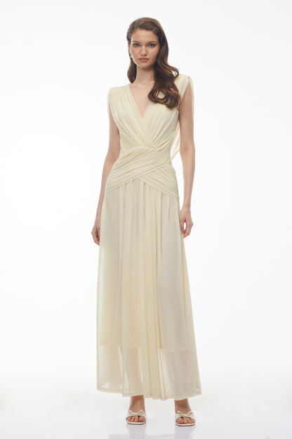 Quiana Butter Yellow V-Neck Cross Front Ruched Maxi Dress