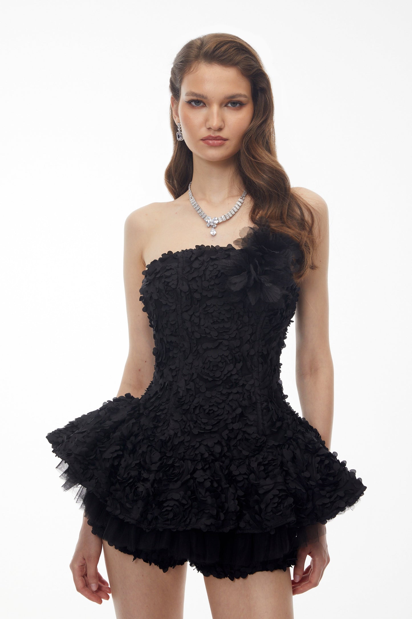 Quilla Black Off Shoulder Mini Dress with 3D Florals
