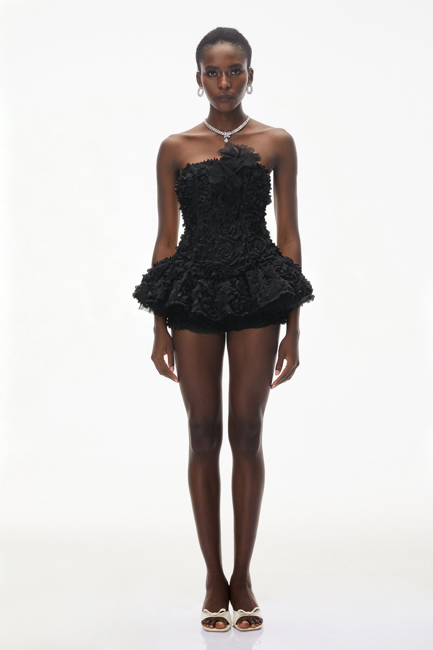 Quilla Black Off Shoulder Mini Dress with 3D Florals