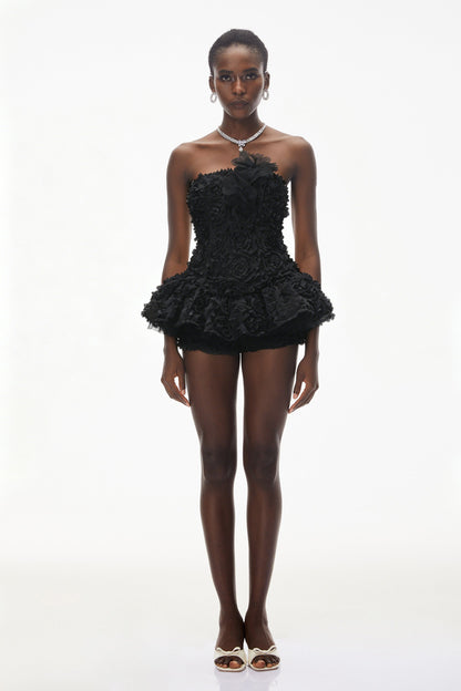 Quilla Black Off Shoulder Mini Dress with 3D Florals