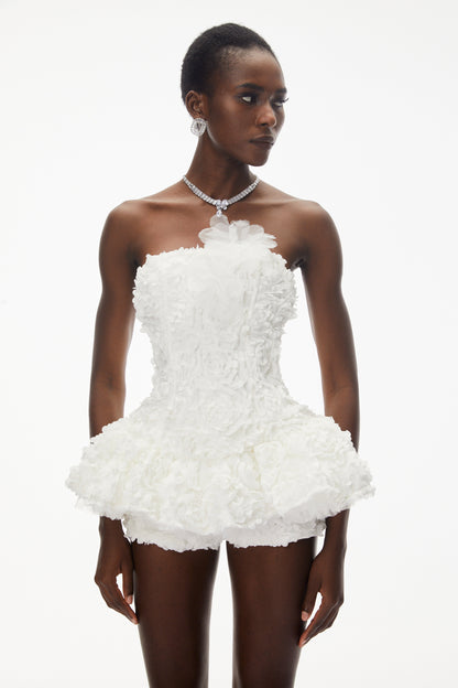 Quilla White Off Shoulder Mini Dress with 3D Florals