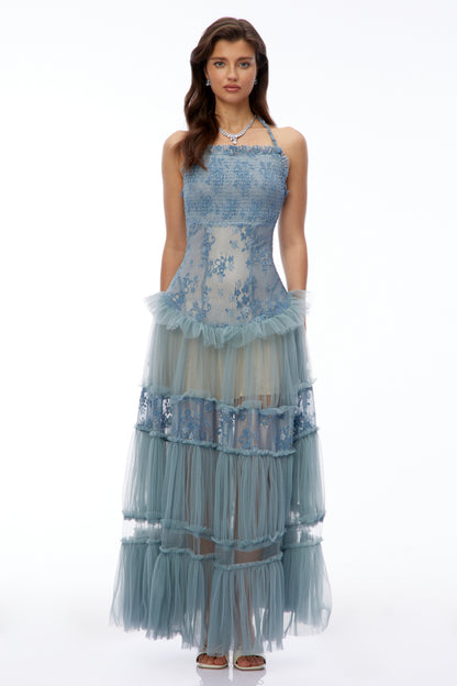 Francine Dusty Blue Floral Lace Tiered Maxi Dress