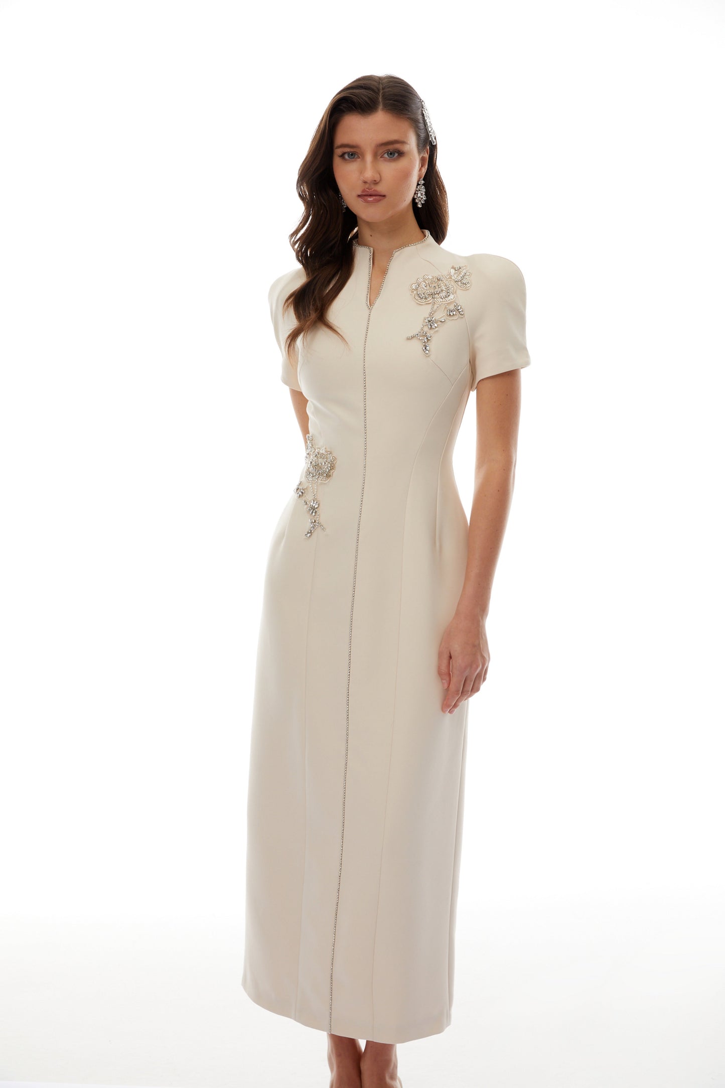 Quintella Neutral Floral Crystal Midi Dress
