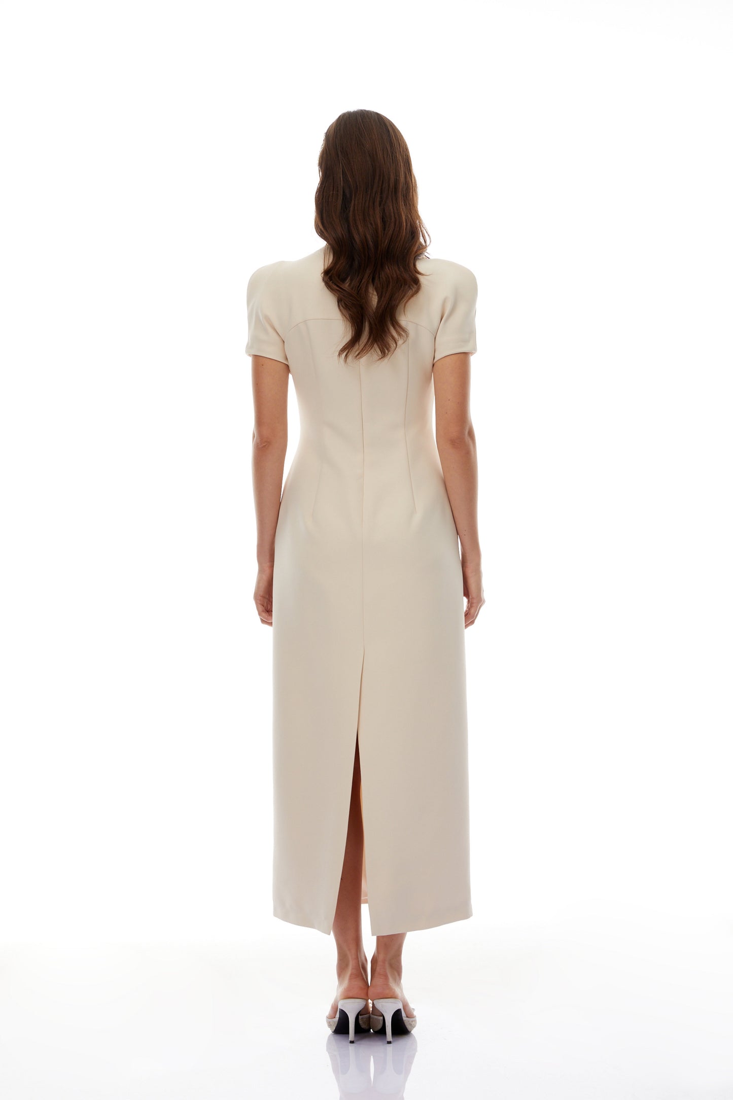 Quintella Neutral Floral Crystal Midi Dress