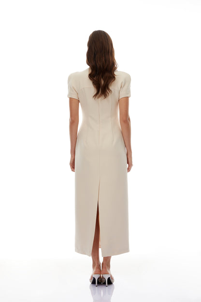 Quintella Neutral Floral Crystal Midi Dress