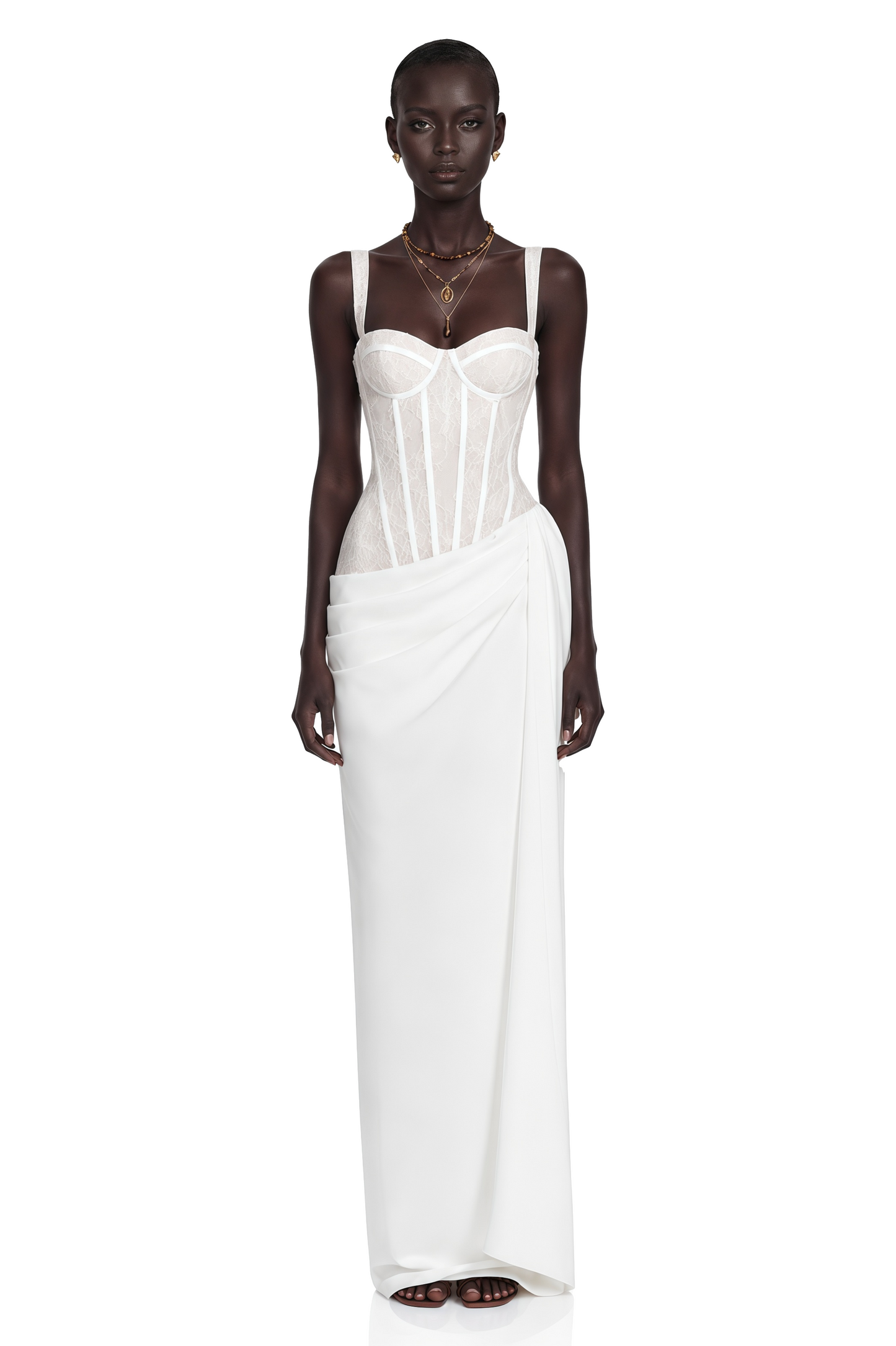 Quintina White Ruched Maxi Dress with Lace Panels