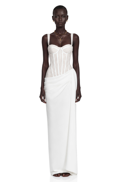 Quintina White Ruched Maxi Dress with Lace Panels